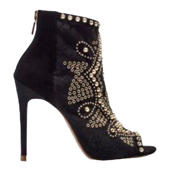 Zara Woman Black Leather Studded Spikes Peep Toe Ankle Boots EU 37 - Picture 1 of 7